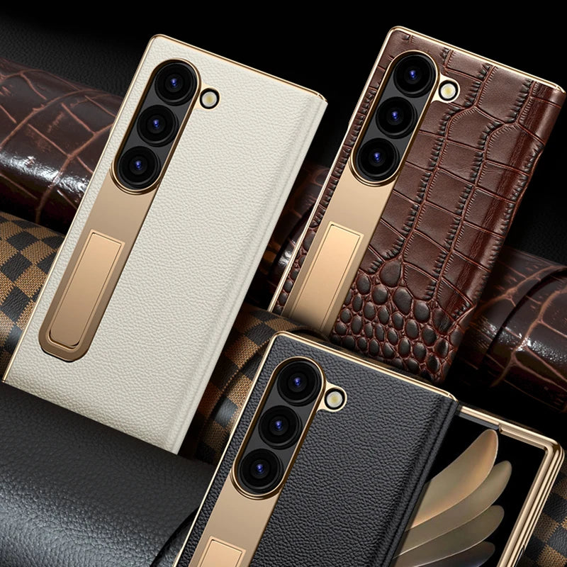 Z Fold 6 Genuine Leather Magnetic Hinge Case with Kickstand