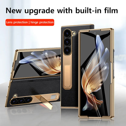 Z Fold 6 Genuine Leather Magnetic Hinge Case with Kickstand
