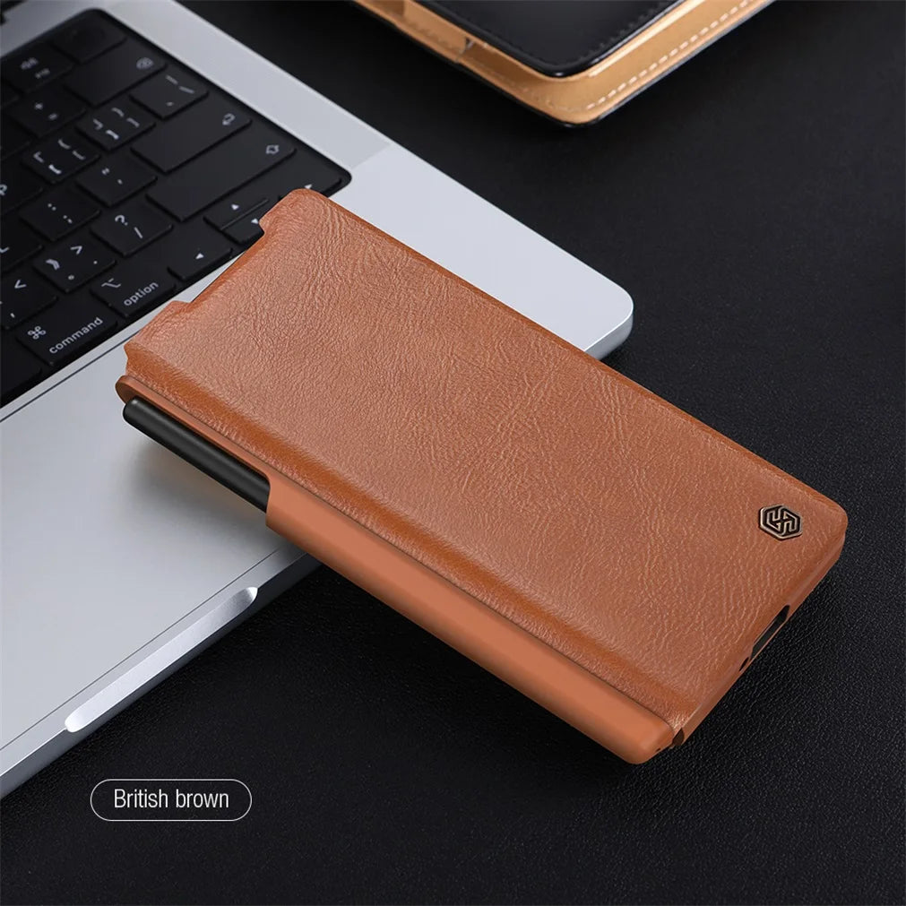 Z Fold 6 Leather Flip Case with Slide Camera Cover & Pen Slot